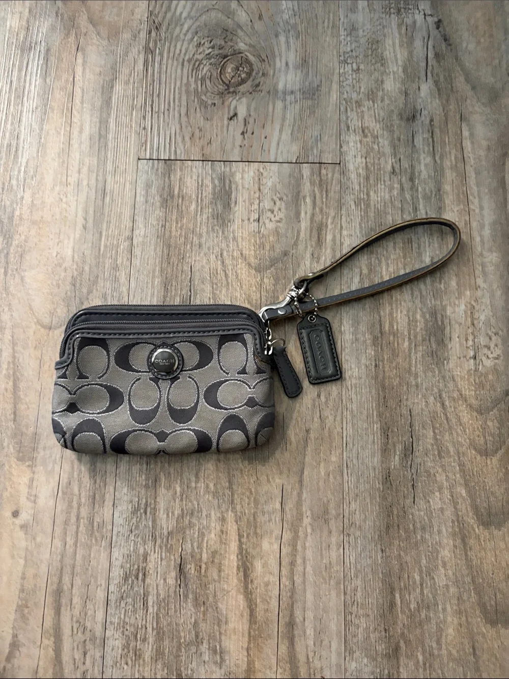 Coach Gray Signature Wristlet with Dark Trim